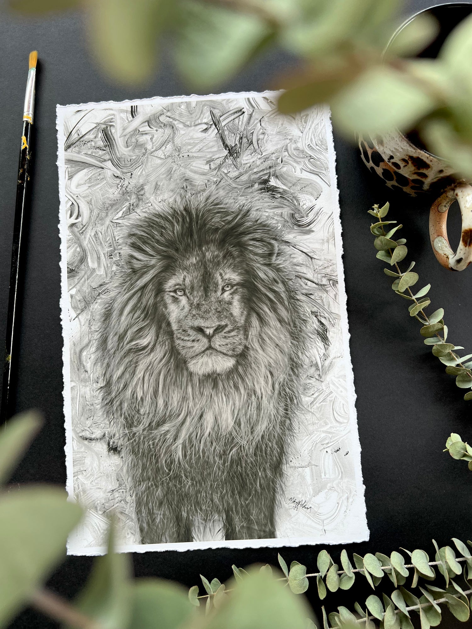 lion artwork realistic drawing shrouded by leaves